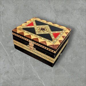 Vintage Wooden Trinket Jewelry Box With Intricate Inlaid Geometric Patterns On F
